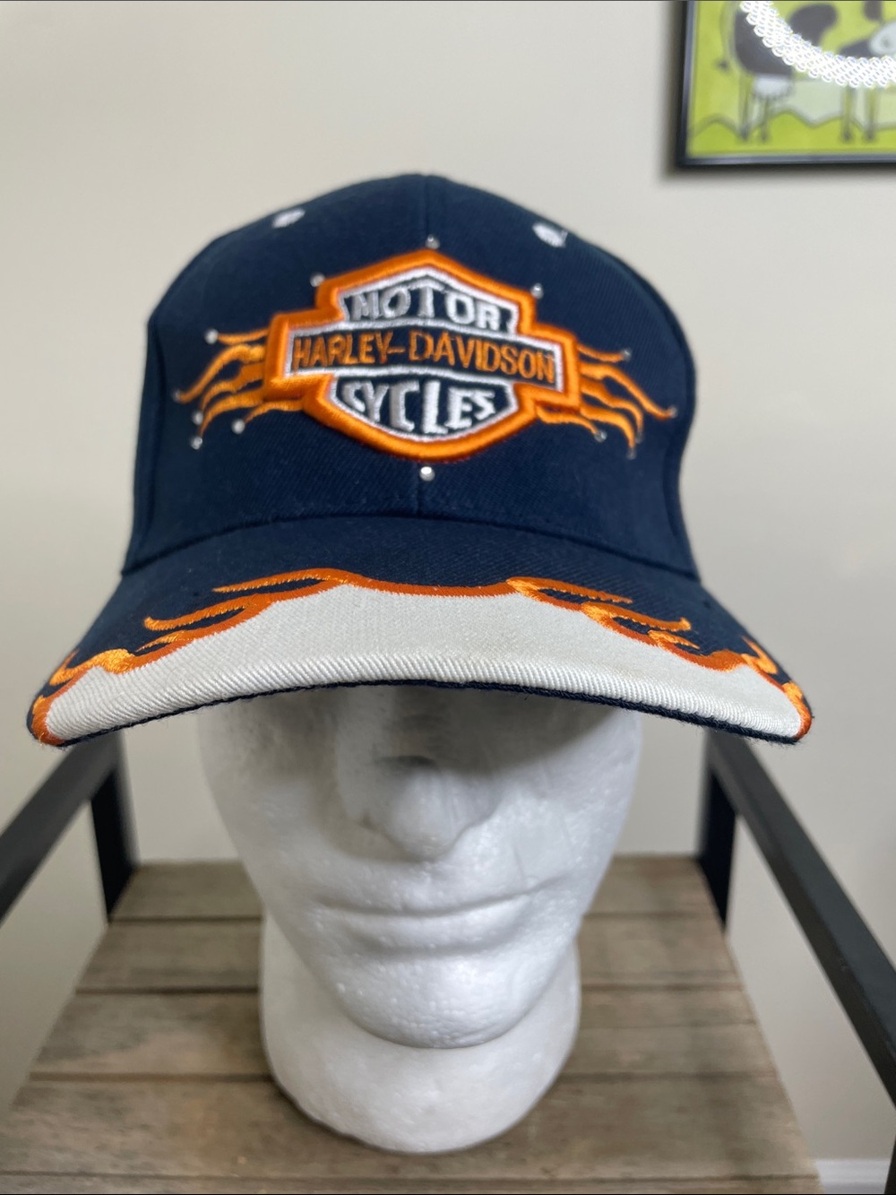 Harley-Davidson Navy Hat with Orange Flame Embroidery and Light Gray Visor
